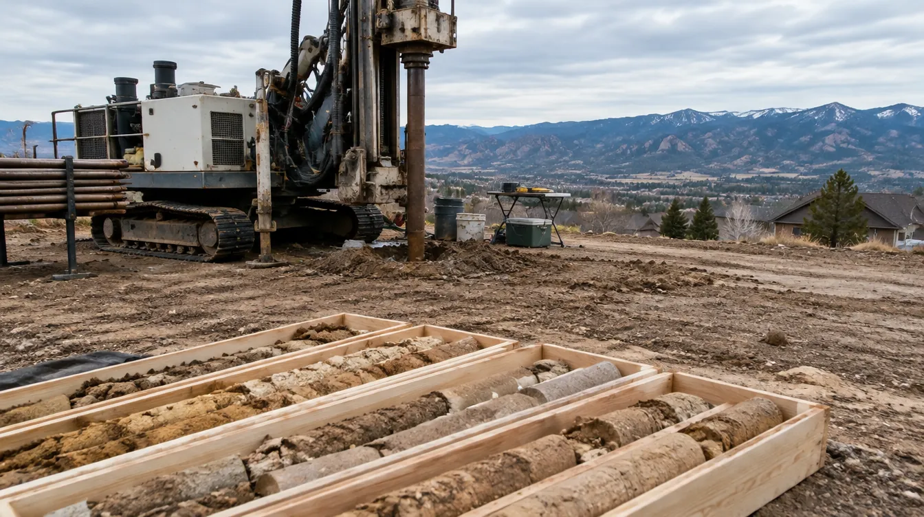 Drill rig on a graded lot with soil core samples laid out in wooden boxes and foothills behind