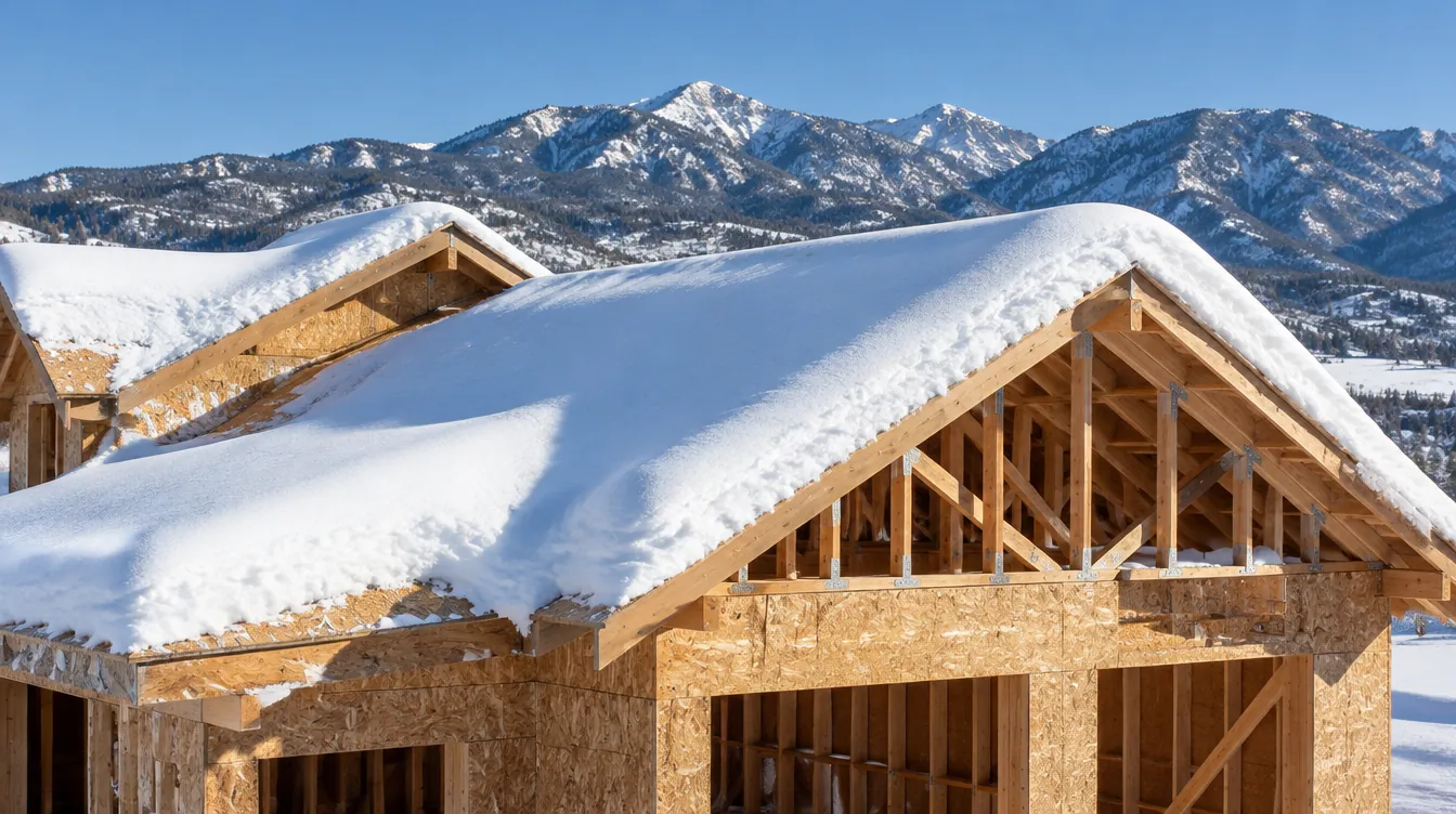 Snow-covered roof trusses and sheathing on a house under construction with snowy mountains behind