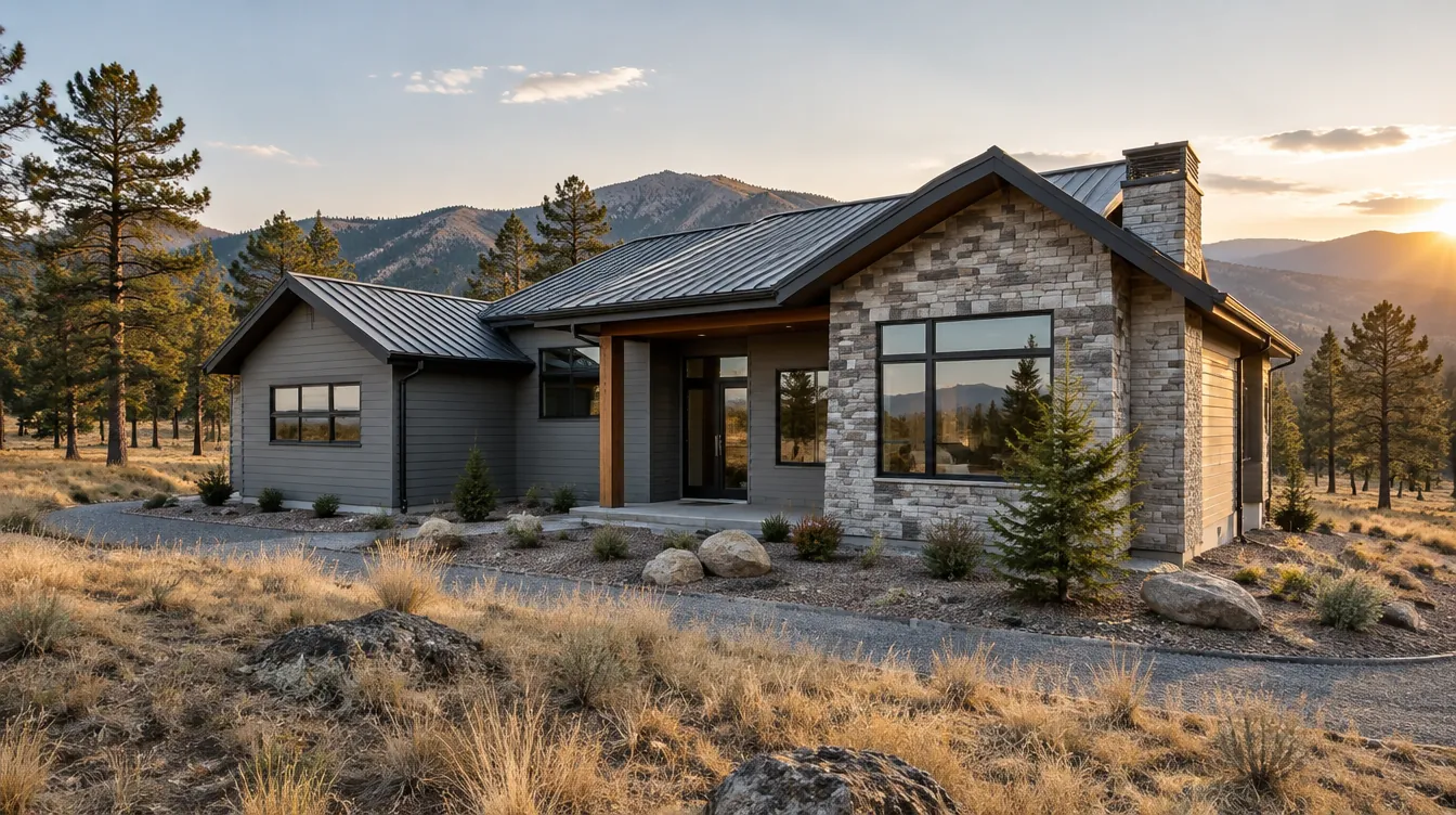 Single-story foothills home with stone, fiber cement siding and a metal roof, gravel around it and pines nearby