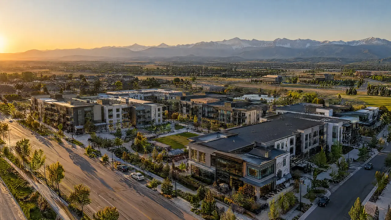 Aerial view of a contemporary development with mountains on the horizon at sunset