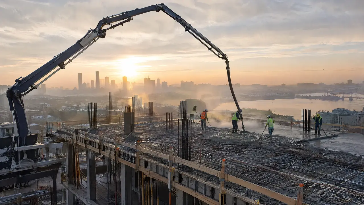 Concrete pump placing concrete on a rebar-reinforced deck at dawn