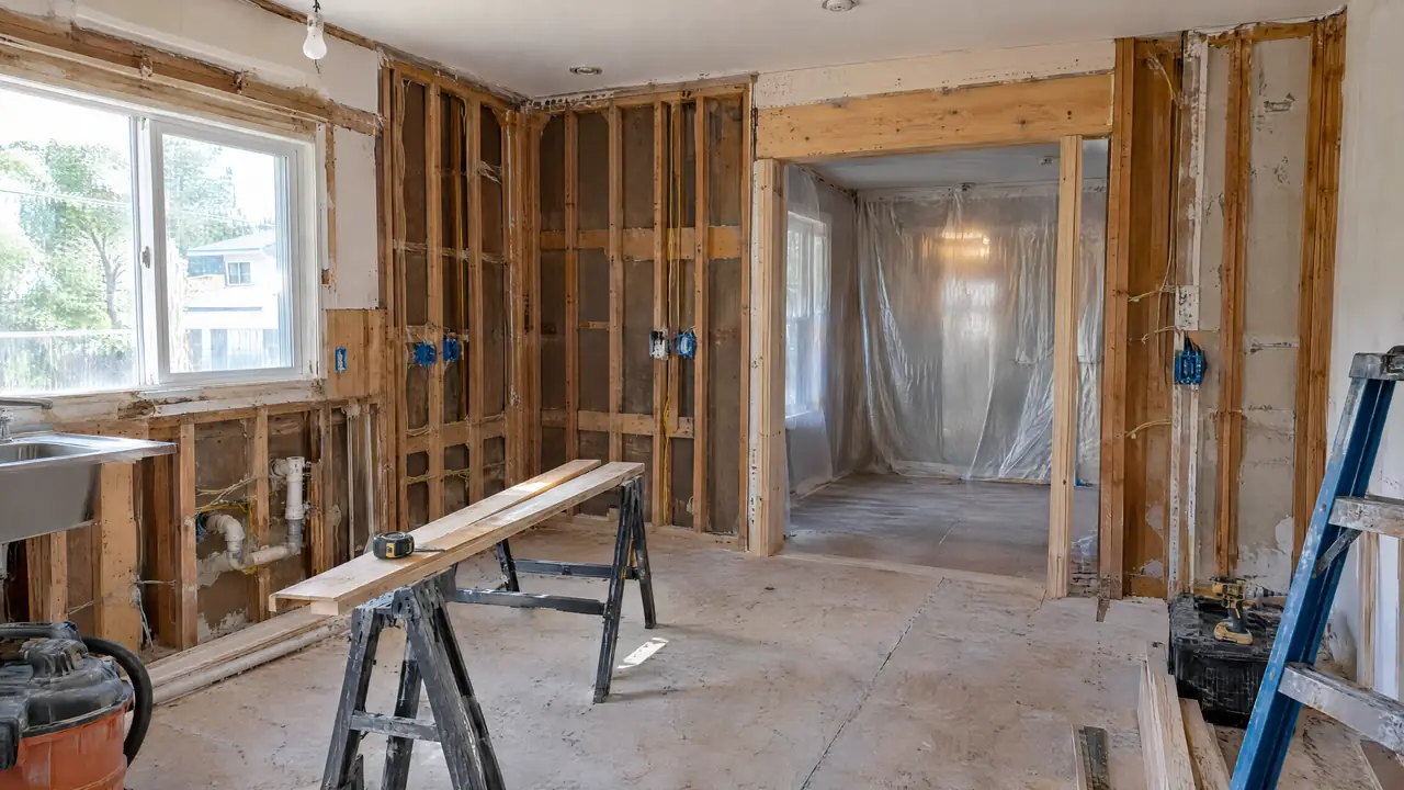 Kitchen remodel in progress with walls opened to the studs