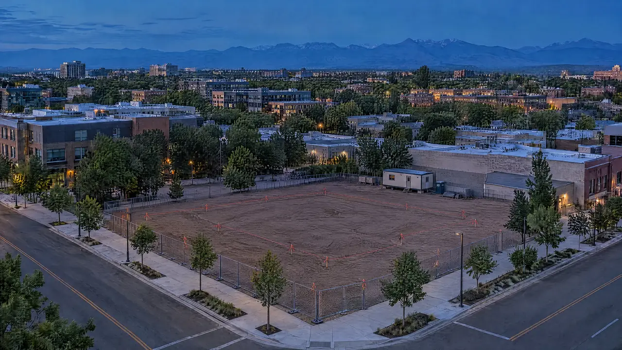 Graded corner lot with survey stakes and string lines marking a building footprint
