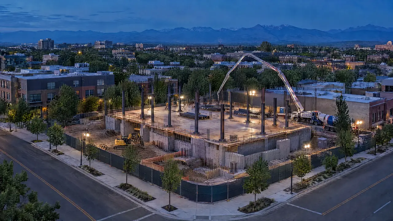 Poured concrete foundations with the first steel columns standing on their base plates