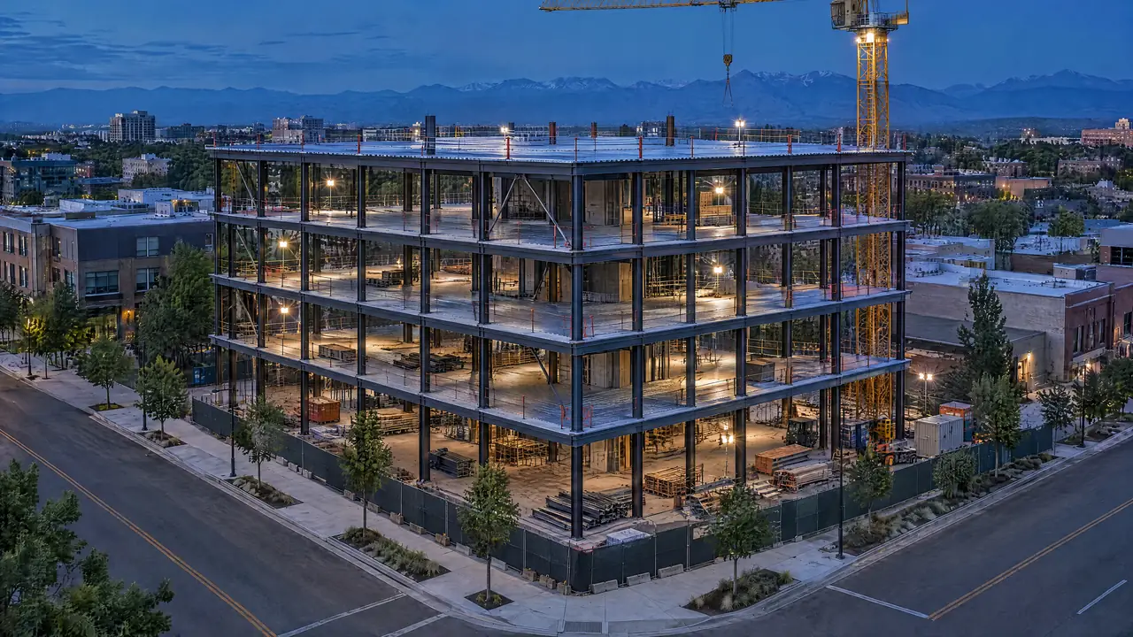 Five-story structural steel frame with concrete decks and a tower crane beside it