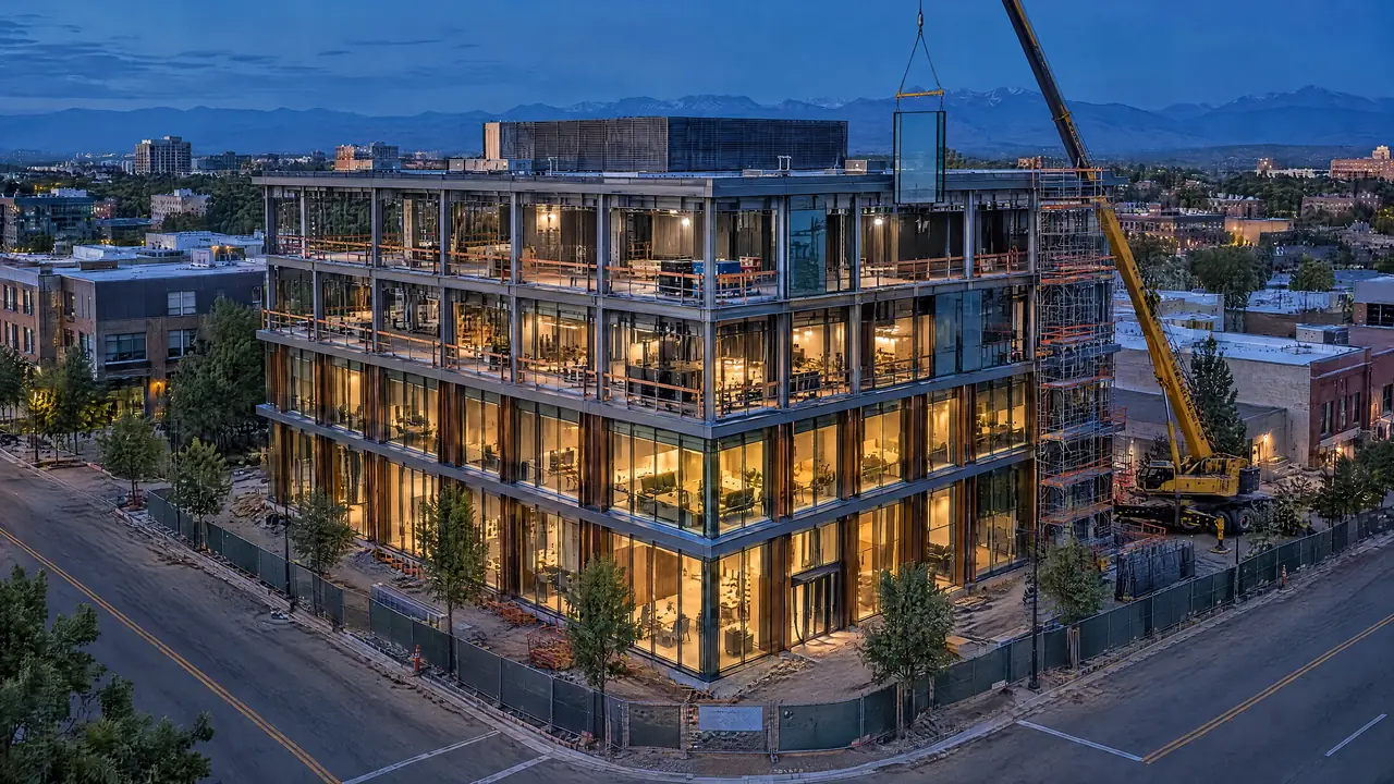 Curtain wall glass and bronze fins being installed on the lower floors of an office building at dusk
