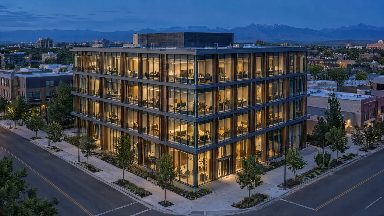 Completed five-story office building with lit interiors at blue hour