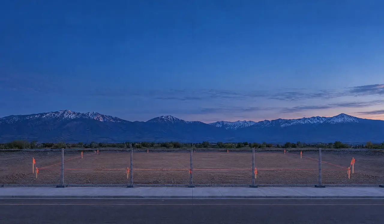 Empty building site staked out at dusk with the Front Range behind it