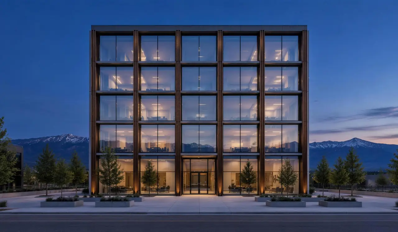 Finished five-story building with bronze fins at blue hour, mountains on the horizon