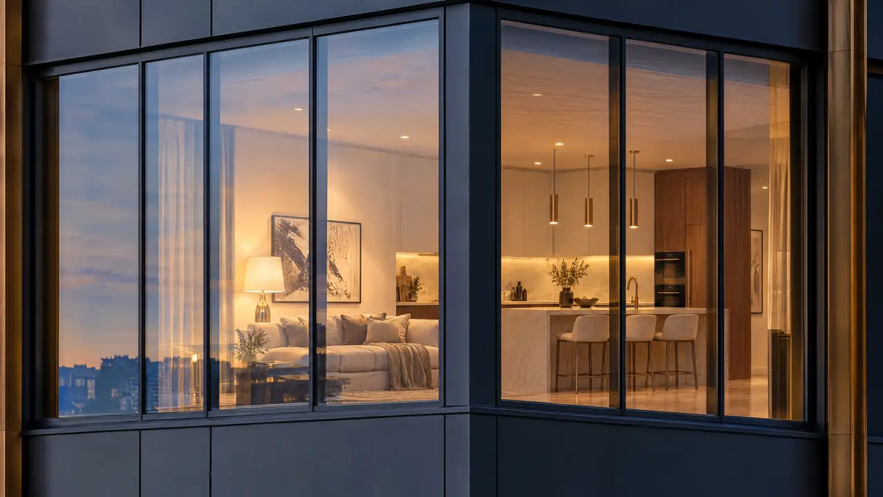 Close view of a building's corner window with a lit kitchen inside at dusk